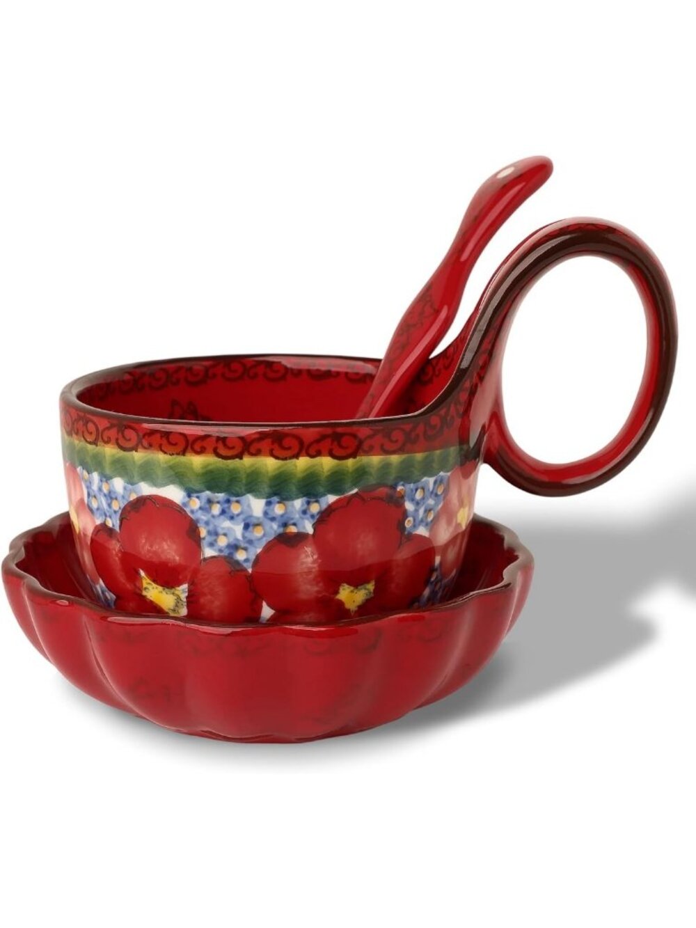 Handmade Ceramic Soup Bowl Set with Loop Handle, Plate & Spoon - Gift-Ready